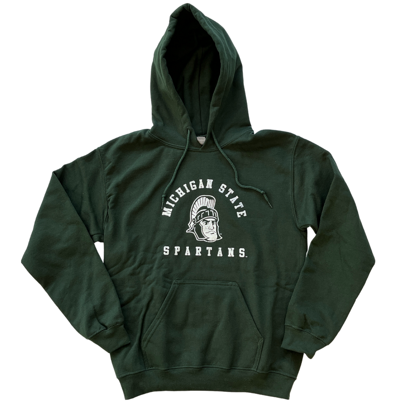 Forest green hooded sweatshirt with drawstrings and a large pocket at the bottom of the torso. On the center chest, a vintage rendition of Sparty's head is printed between arched text reading Michigan State and a straight line of text reading Spartans. Screen printing is white.