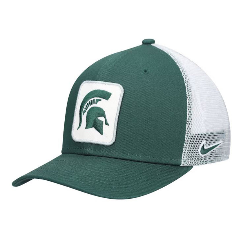MSU Trucker hat with green panel in front and green bill, with green Spartan helmet on crown. White mesh panels on side with green Nike swoosh.
