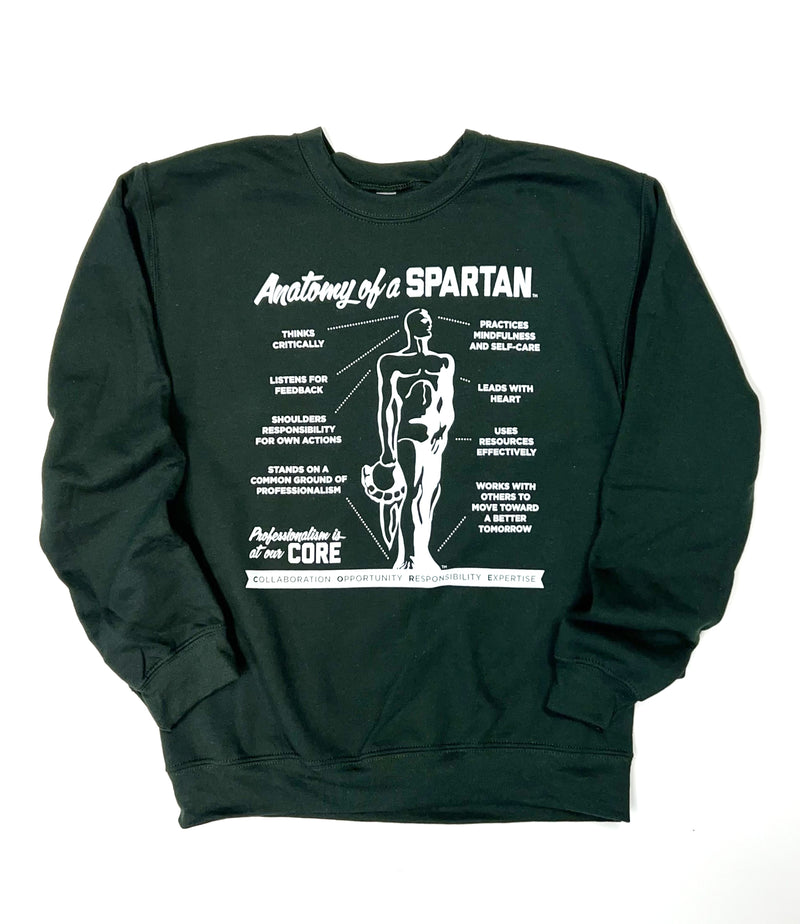 Forest green sweatshirt. On the center chest is a white graphic reading Anatomy of a Spartan with lines connecting various points of an illustrated Spartan statue to text blocks.