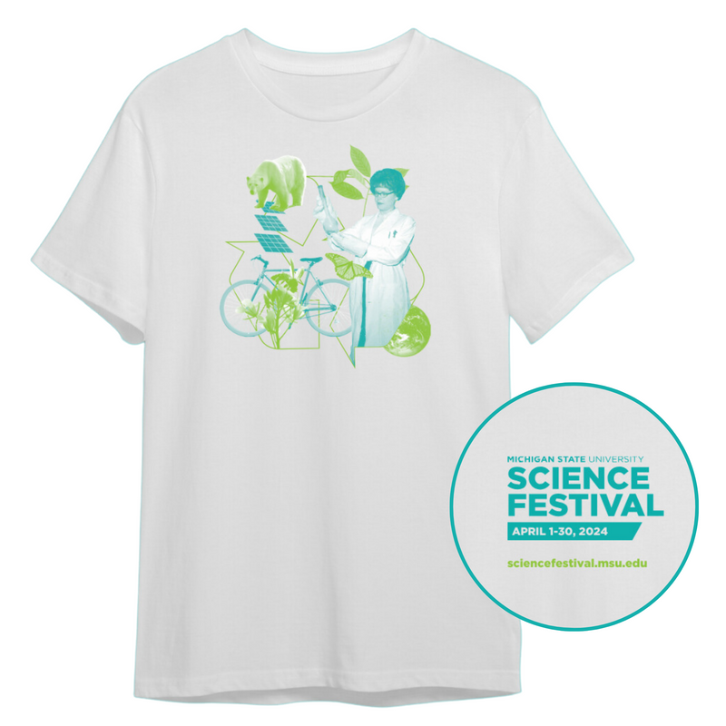 A white crewneck t-shirt with teal- and lime-colored graphics including a polar bear, recycling symbol, globe, and a woman scientist in a lab coat holding up a beaker. The back graphic of the t-shirt—which is teal text reading "Michigan State University Science Festival April 1-30, 2024" over lime green text reading "sciencefestival.msu.edu"—is featured in a teal bubble to the right.
