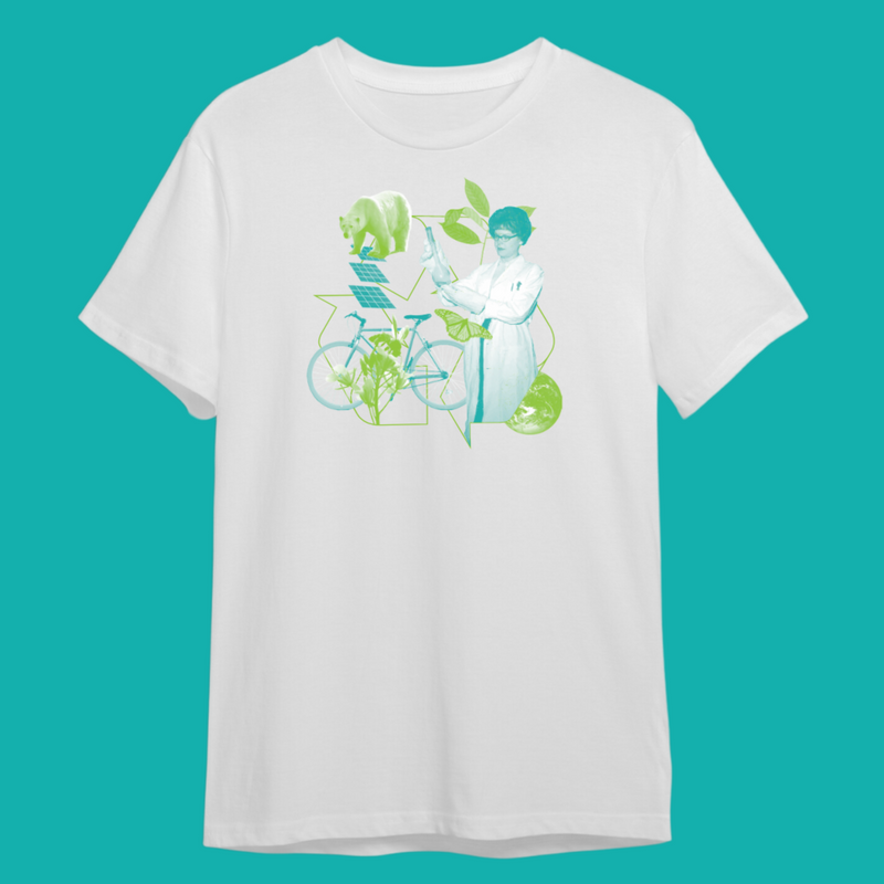 The front of a white crewneck t-shirt on a teal background. Across the center chest are teal- and lime-colored graphics including a polar bear, recycling symbol, globe, and a woman scientist in a lab coat holding up a beaker. 
