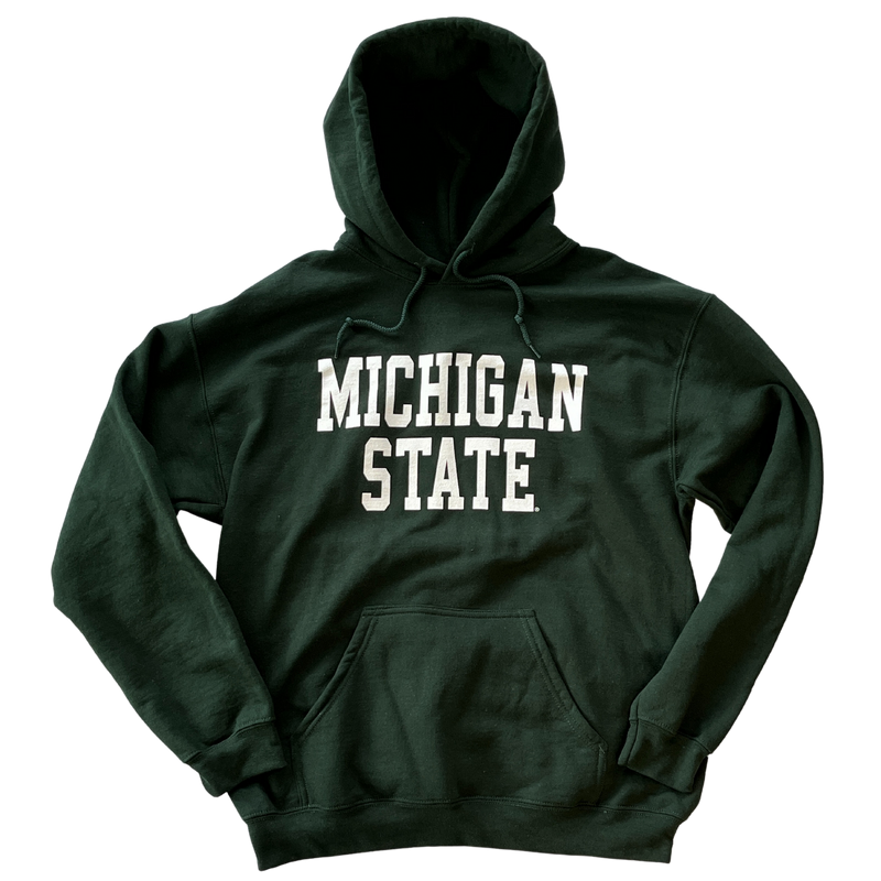 Dark green hooded sweatshirt with large front pocket. Across center chest, white block letters read "Michigan State"