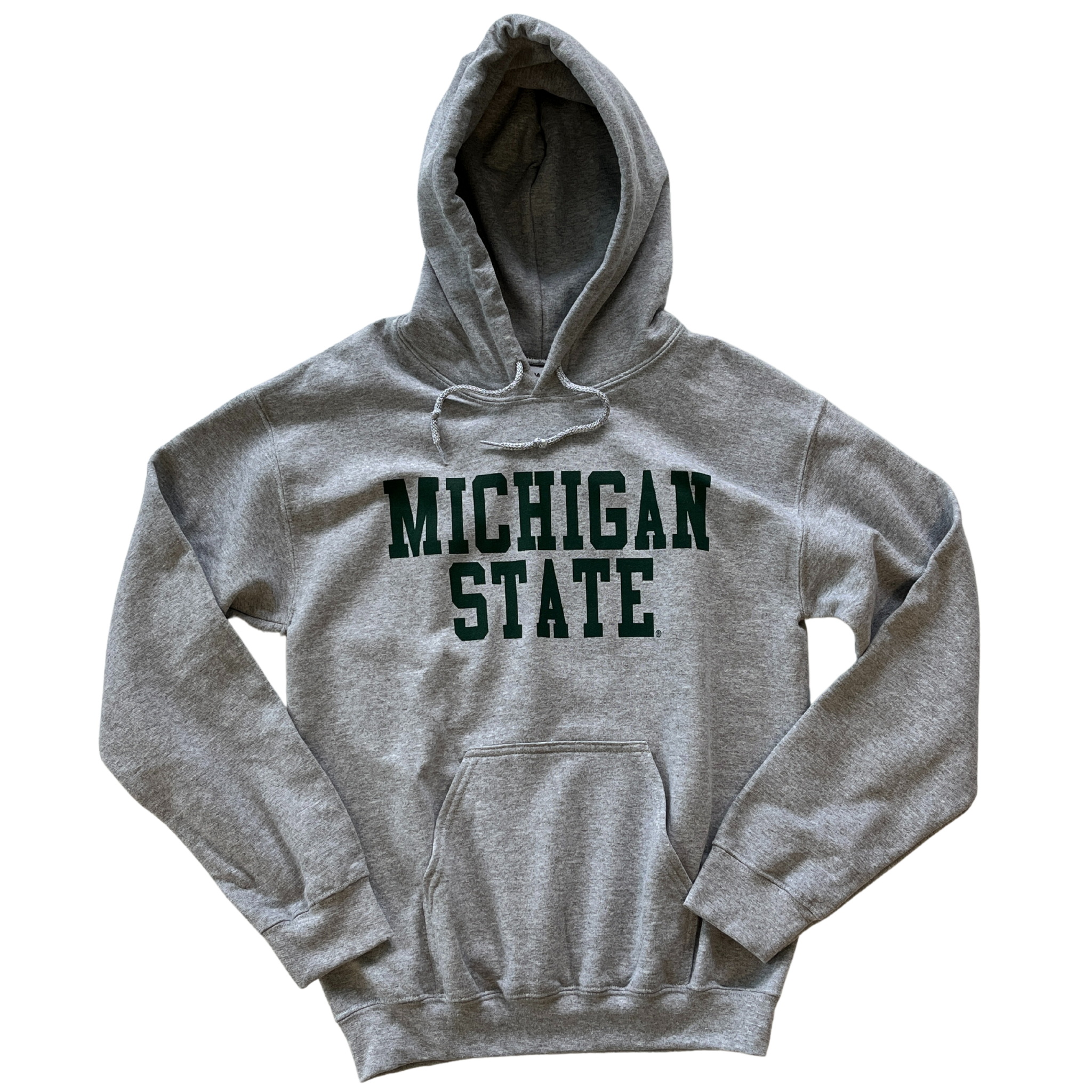 Head-on view of light gray hooded sweatshirt with large front pocket. Across center chest, green block letters read "Michigan State"