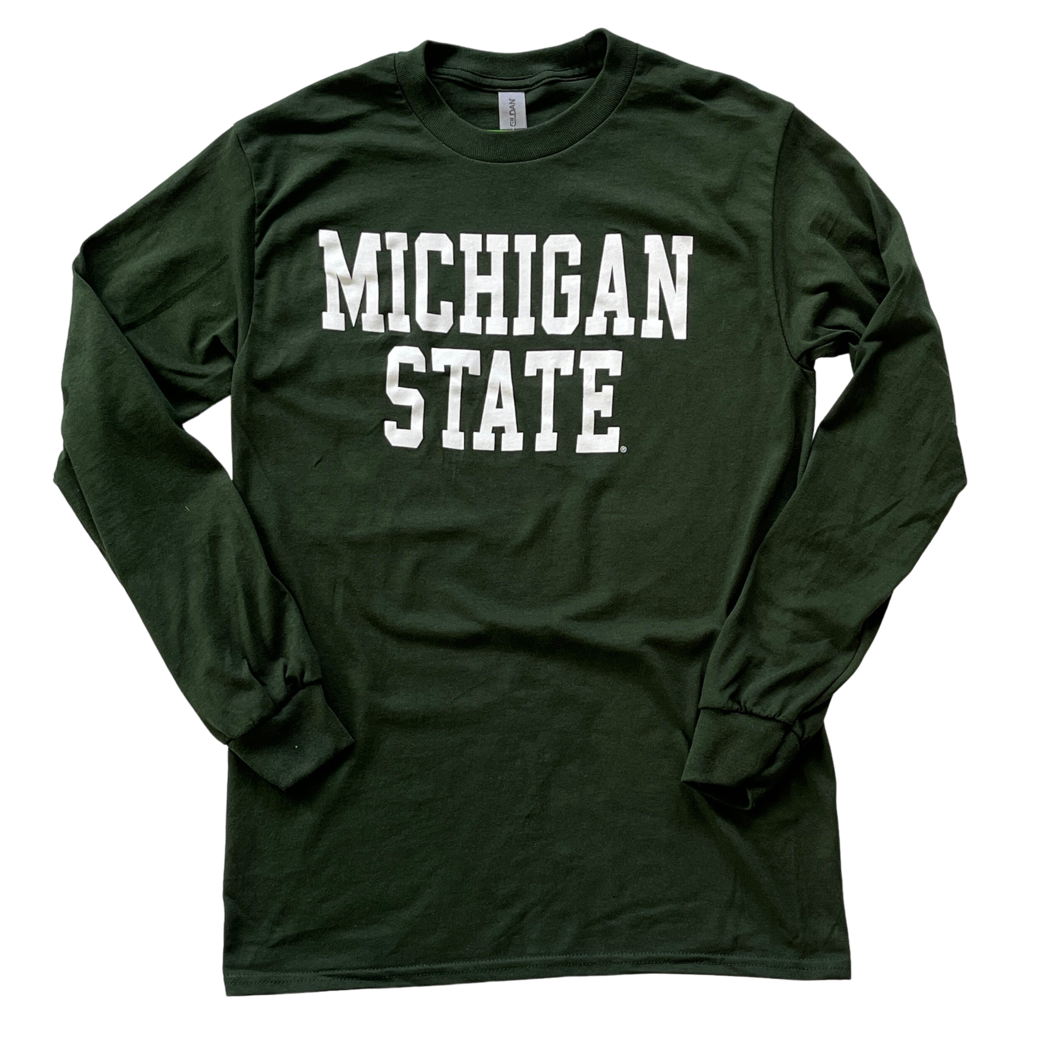 Dark green crewneck, long-sleeve t-shirt. Across center chest, white block letters read "Michigan State"