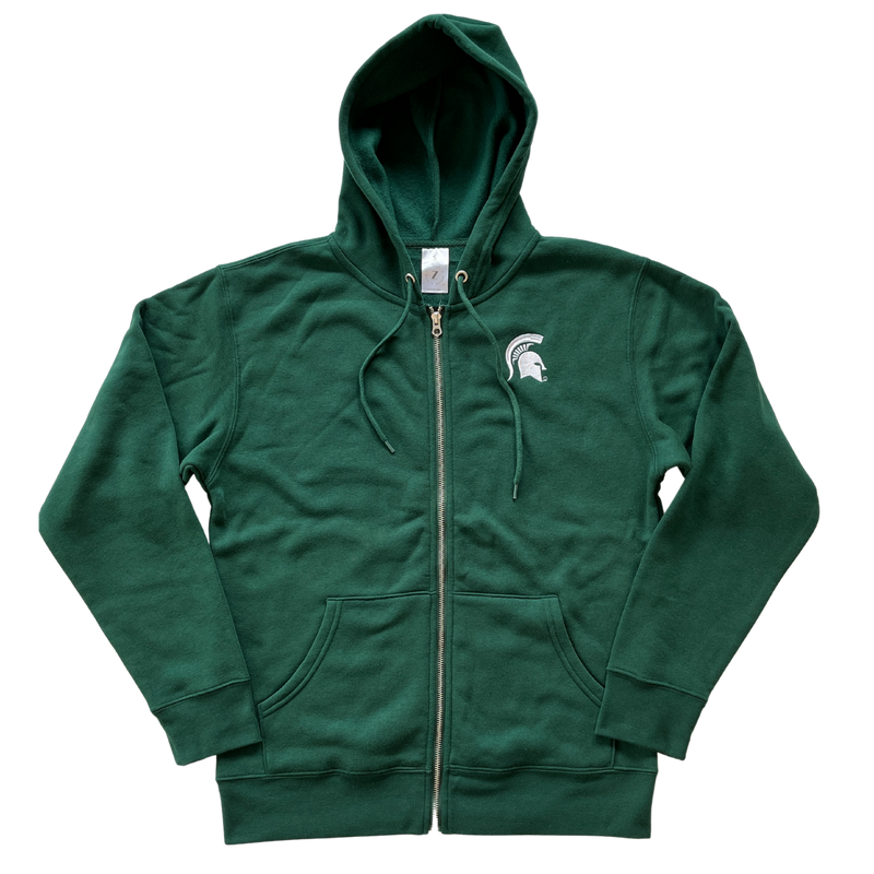 A green full-zip hoodie with a white MSU Spartan helmet logo at left chest.