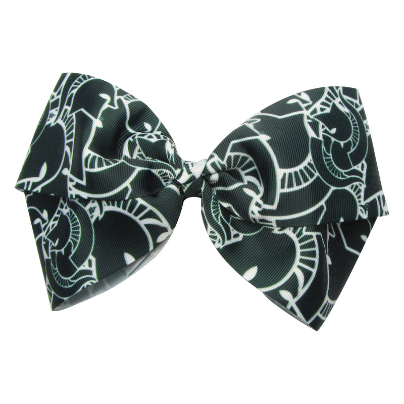 Large green hair bow printedwith white outline Spartan helmets stacked on top of each other.