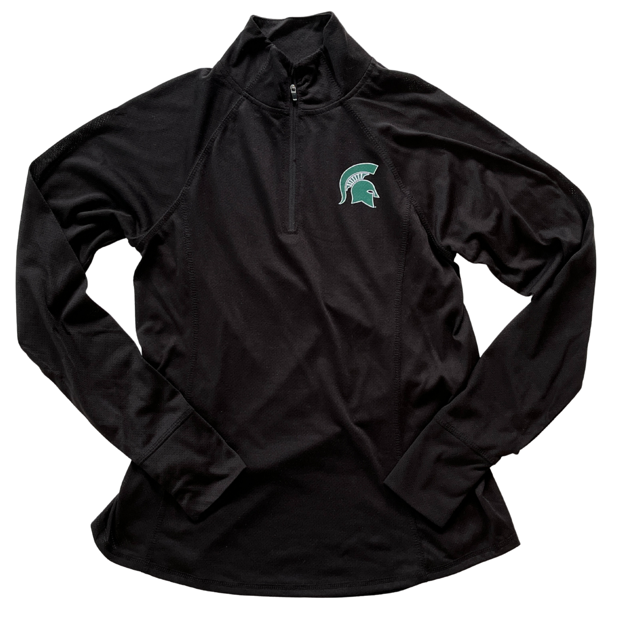 Black quarter zip with a rounded hem and countour lines. The Colosseum logo is on the left forearm, with a reflective green Spartan helmet outlined in white on the upper left chest.