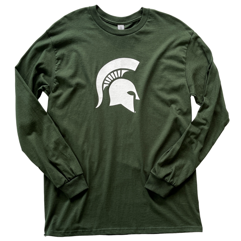Dark green crewneck, long-sleeve t-shirt. Across center chest is a large white Spartan helmet logo.