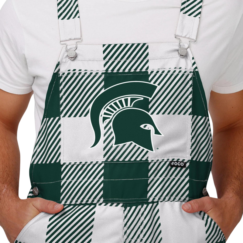 Plaid Michigan State overalls. The colors alternate between green and white. In the center torso is a green MSU helmet logo.