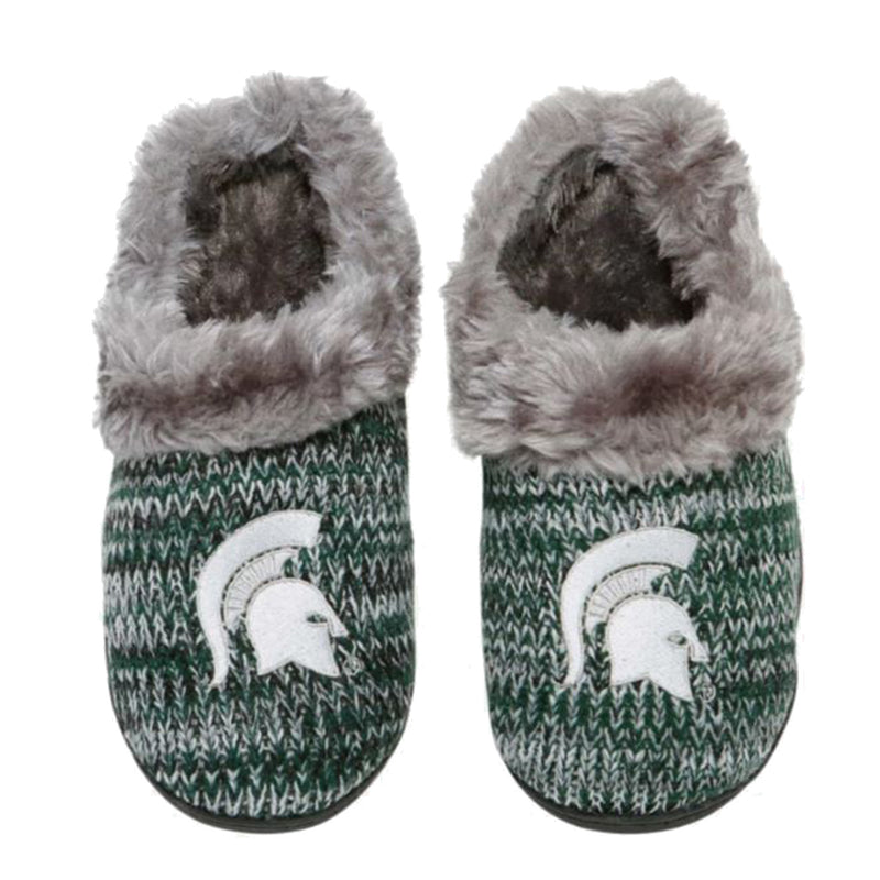 Green and white knit Michigan State slide on slippers with white Spartan helmet on foot top, rubber bottom, and gray fuzzy inside and cuff.