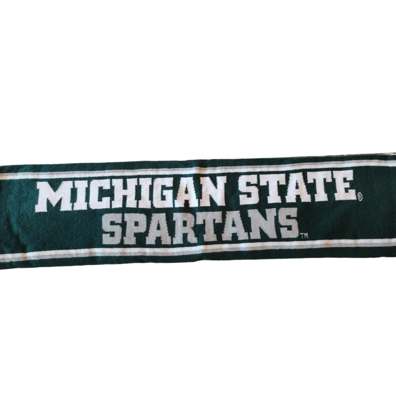 A gray and green scarf with "Michigan State Spartans" written in the center.