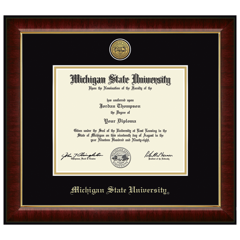 •	Features a gold engraved medallion of the Michigan State University seal set into a 23K bezel within black and gold museum-quality matting and the school name gold embossed below. •	It is framed in Murano moulding crafted of solid hardwood with a high-gloss cherry transverse grain and a gold lip.