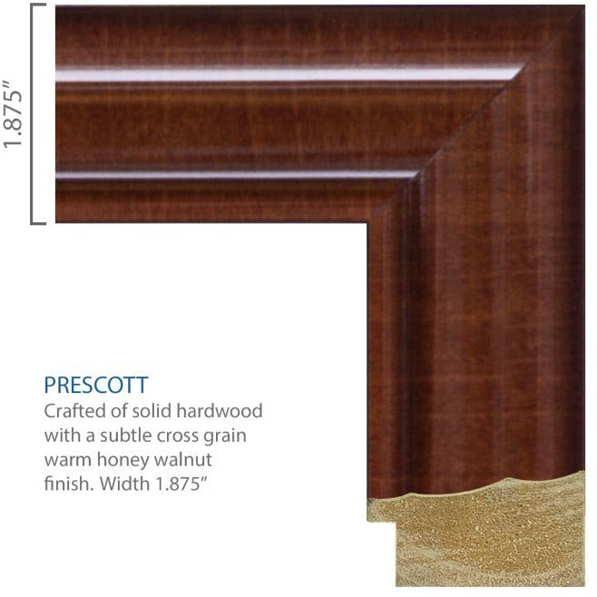 Closeup of the frame corner, which is crafted of solid hardwood with a subtle cross grain warm honey walnut finish.