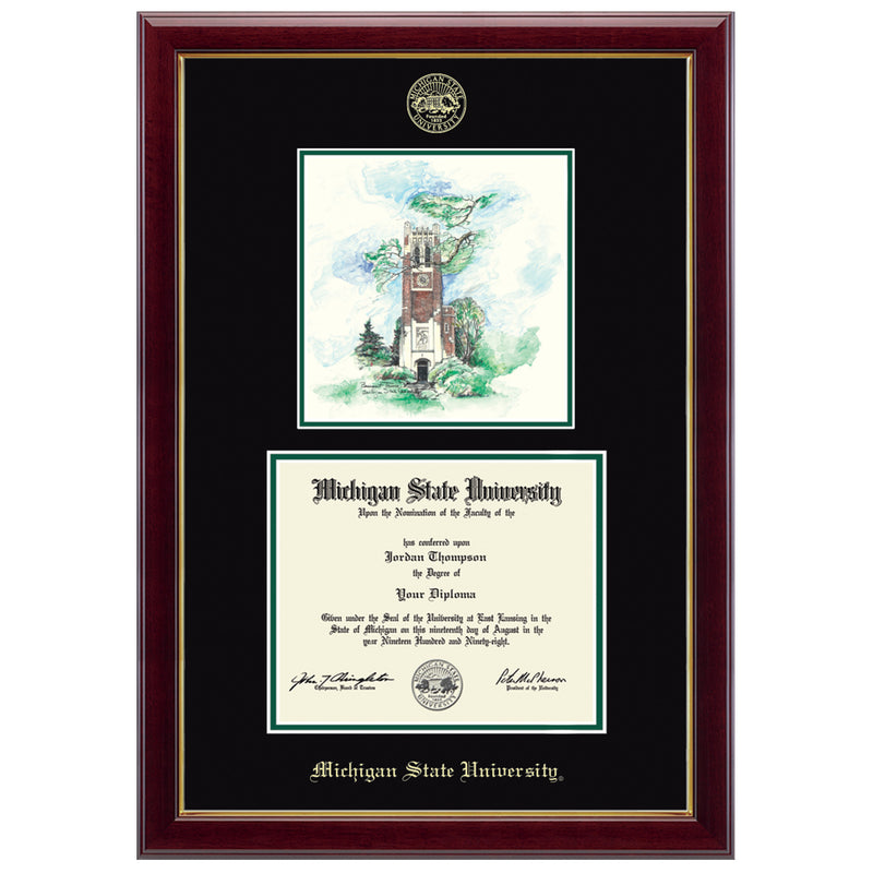 MSU diploma and lithograth of Beaumont Tower inside a  black mat. Black mat is embossed with the university seal at the top and old English style font reading "Michigan State University" at the bottom, both in gold. Frame is a dark brown wood 