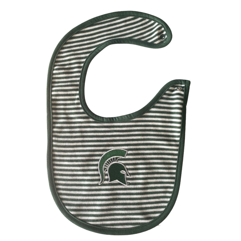 A green and white striped baby bib with a green Spartan Helmet in the center and a snap closure at neck.