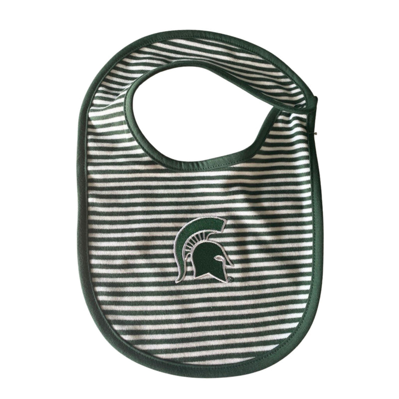 A green and white striped baby bib with a green Spartan Helmet in the center and a snap closure at neck.