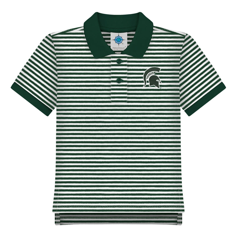 White two-button short-sleeved polo shirt with forest green horizontal pin stripes. The collar and sleeve hems are solid green. On the left chest is an embroidered forest green Spartan helmet.