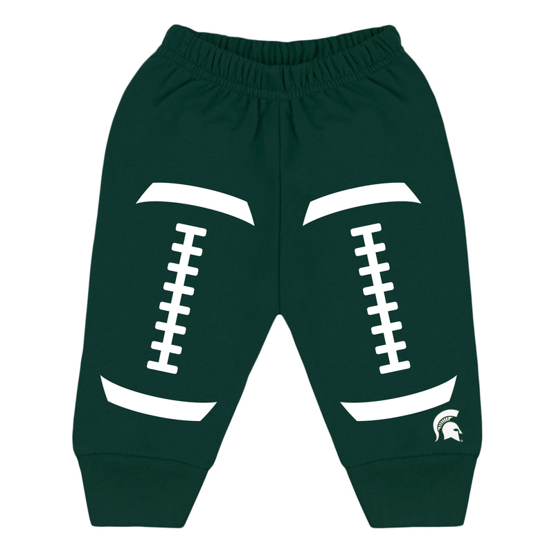Infant/todder green sweatpants with white football design on legs and a Spartan helmet bottom left leg in white.