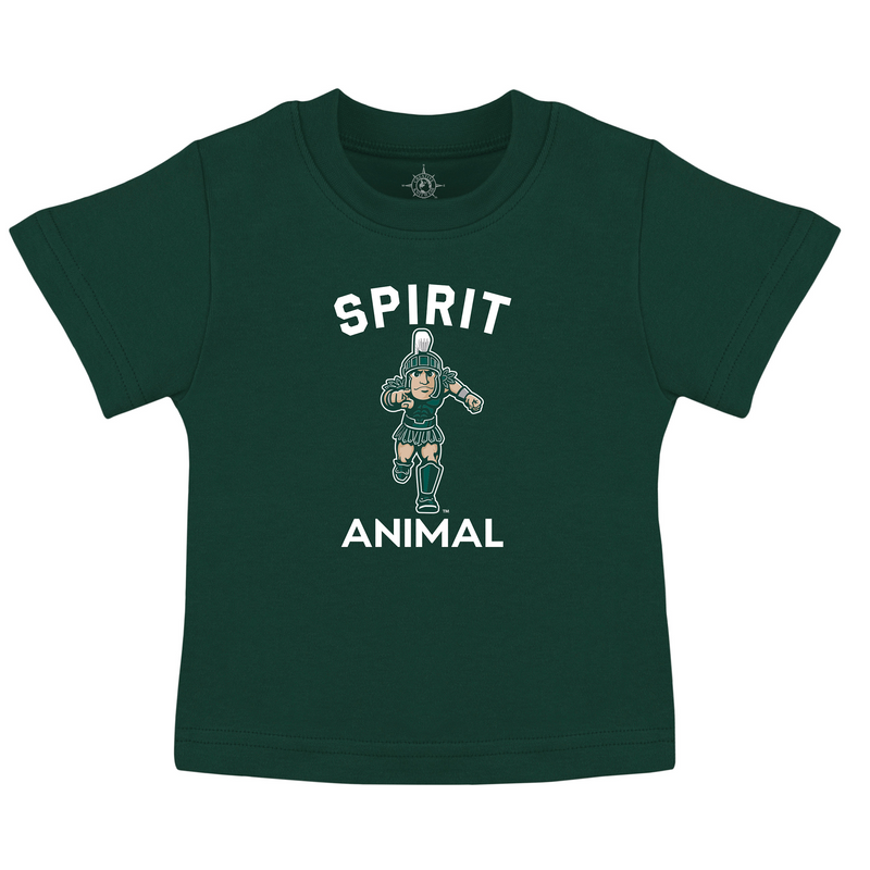 Green infant/toddler t-shirt with Spirit in white letters on the top, Animal written at the bottom, and a cartoon Sparty mascot in the middle.