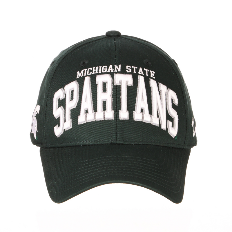 Forest green ball cap with Michigan State small white embroidered lettering over large white embroidered Spartans block lettering on the front, with a white Spartan embroidered helmet on the side.  
