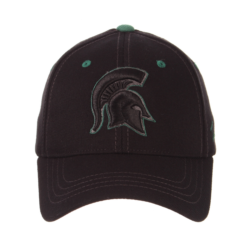 Black ball cap with a large black embroidered Spartan helmet on the front, outlined in dark green, with a dark green button on top. 