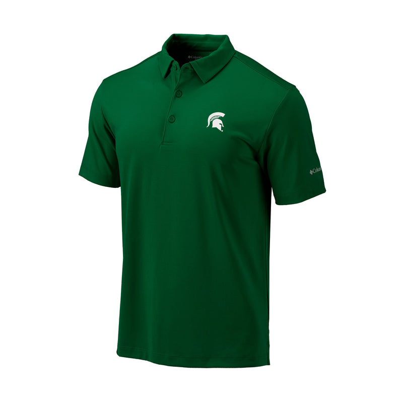 Green three-botton polo with a white Spartan helmet center chest and Columbia on left sleeve.