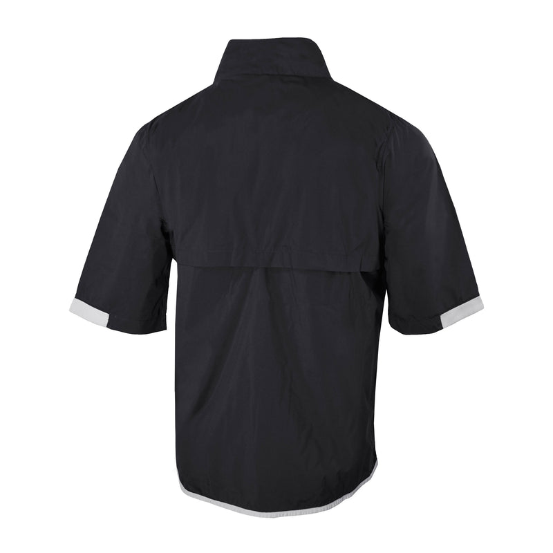 Back of black half-sleeve windbreaker with contrasting gray trim at sleeve, and bottom.