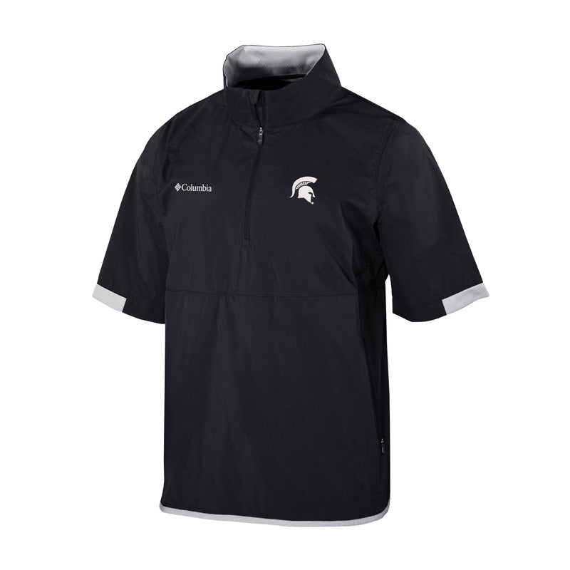 Black half-sleeve windbreaker with a white Spartan helmet left chest and Columbia right chest. Contrasting gray trim at collar, sleeve, and bottom.