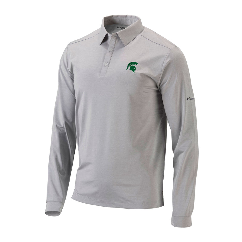 A grey, long sleeve polo shirt with a green MSU spartan helmet logo on the left chest. 