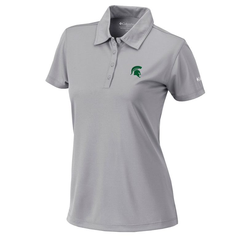 Gray women's Columbia polo with four-button placket, green Spartan helmet at left chest and Columbia on left sleeve. 