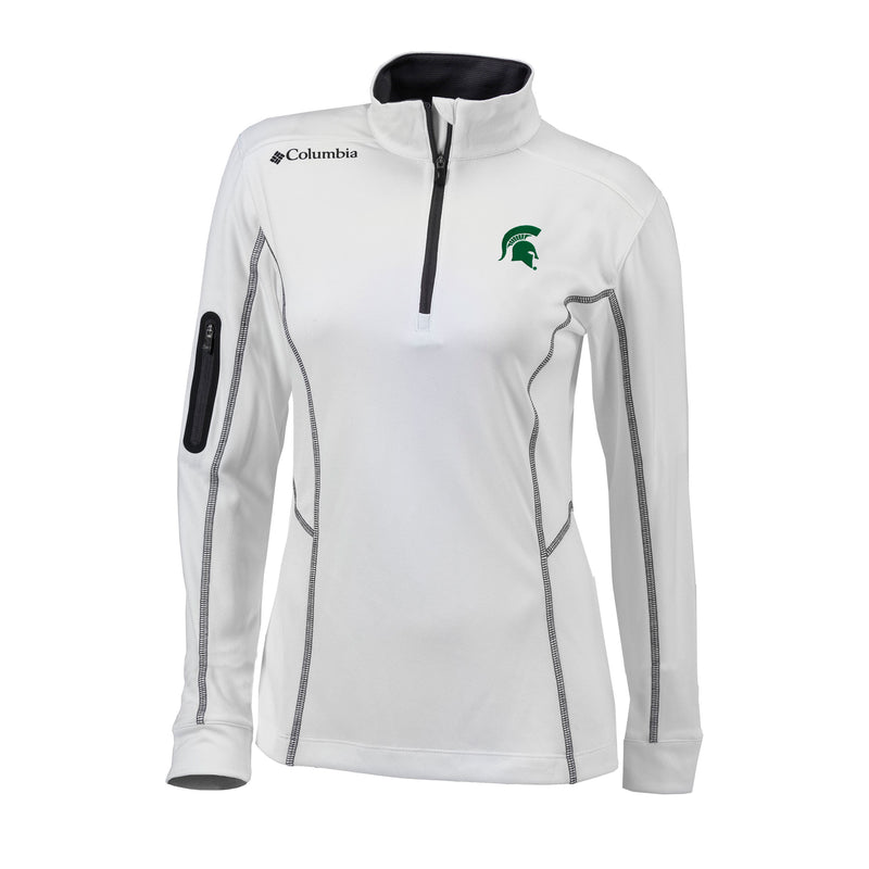 White women's  Columbia quarter-zip with black contrast stitching and a green Spartan helmet at left chest. Columbia at right shoulder.