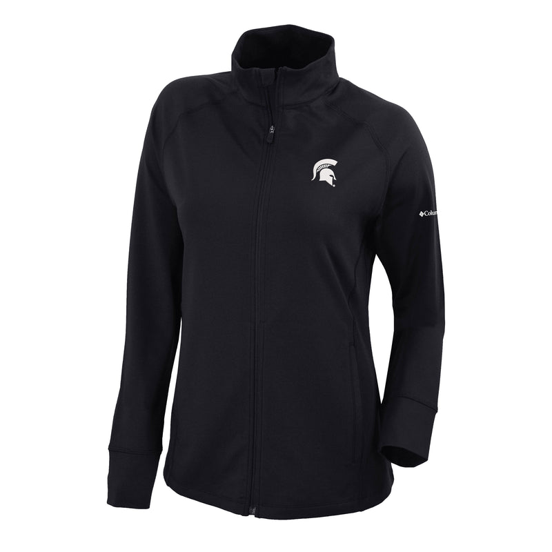 Black full-zip women's jacket with white Spartan helmet at left chest and Columbia at left sleeve.