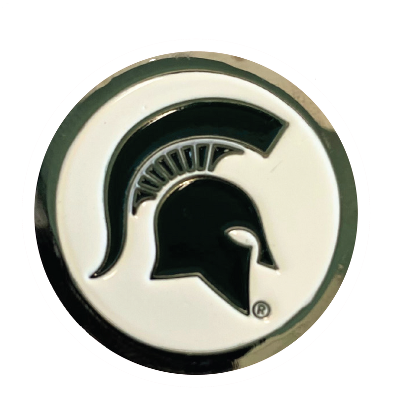 Chrome etched lapel pin with a white circle in the middle and a green Spartan helmet in the center.