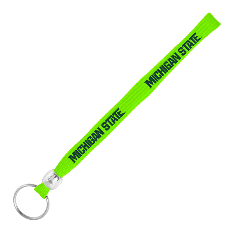 A 7" lime green length of shoelace ending in a silver bead and a silver split keyring. Printed on the lace are the words "Michigan State" in dark green.