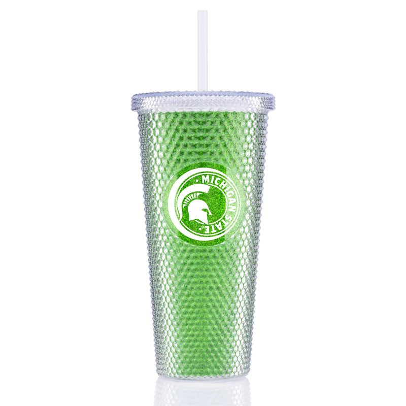 Metallic green tumbler with a bumpy exterior and a white circular graphic containing a Spartan helmet and Michigan State. Has a plastic lid and straw.
