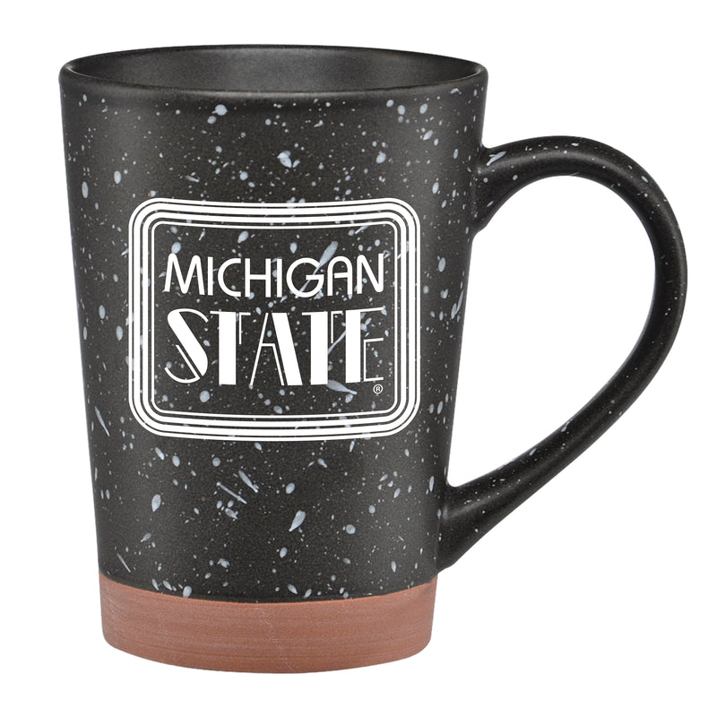 A 16 oz. ceramic mug in dark gray with a soft white speckle and a terra cotta accent at the bottom. On the side are the words "Michigan State" in white, in a retro art deco-style font, within three concentric rounded rectangles.
