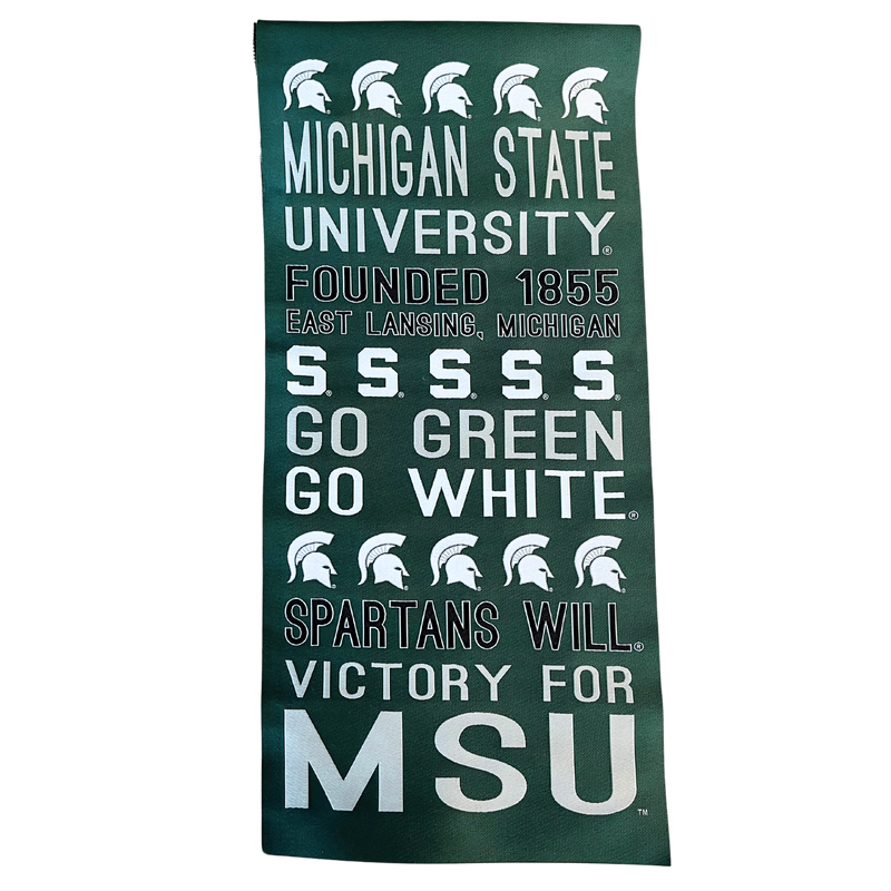 A dark green rectangular banner with two dark green ties in each upper corner. The pennant shows a row of five white Spartan helmets, the words "Michigan State University" in grey, the words "Founded 1855" and "East Lansing, Michigan" in dark green with a white outline, a row of five Spartan S logos, the words "Go Green" in grey, the words "Go White" in white, a row of five white Spartan helmets, the words "Spartans Will" in dark green with a white outline, and the words "Victory for MSU" in grey.