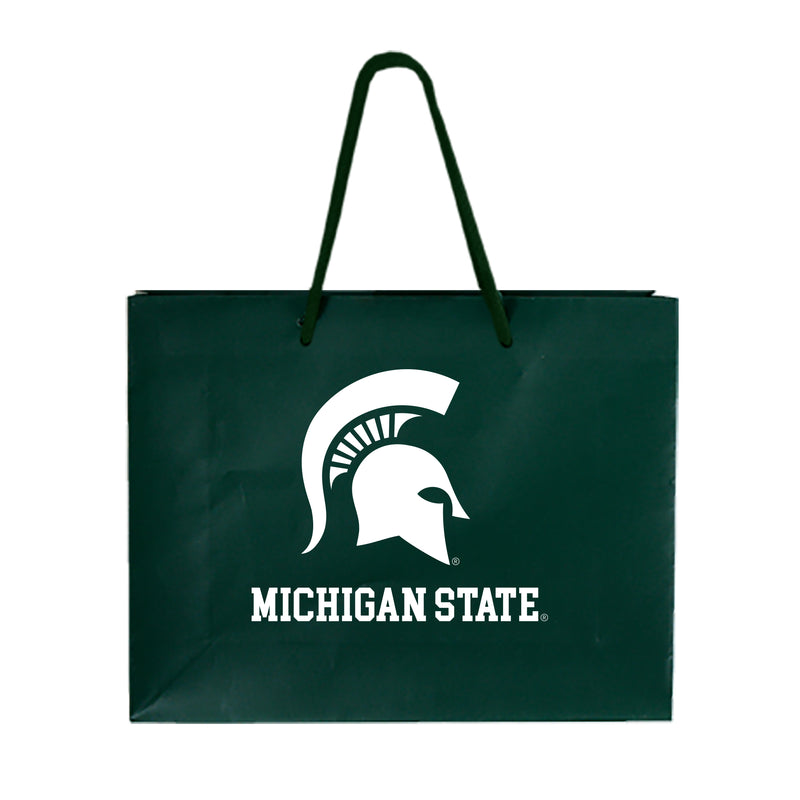 A matte, dark green gift bag with dark green cord handles. The bag measures 13 inches wide, 10 inches high, and five inches deep. It features a large white Spartan helmet logo above the words "Michigan State" in a white collegiate font.