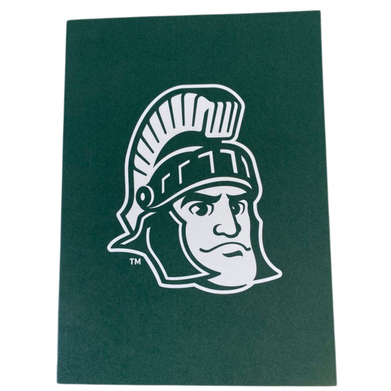 Front of dark green greeting card with a white cartoon image of the Sparty mascot head.
