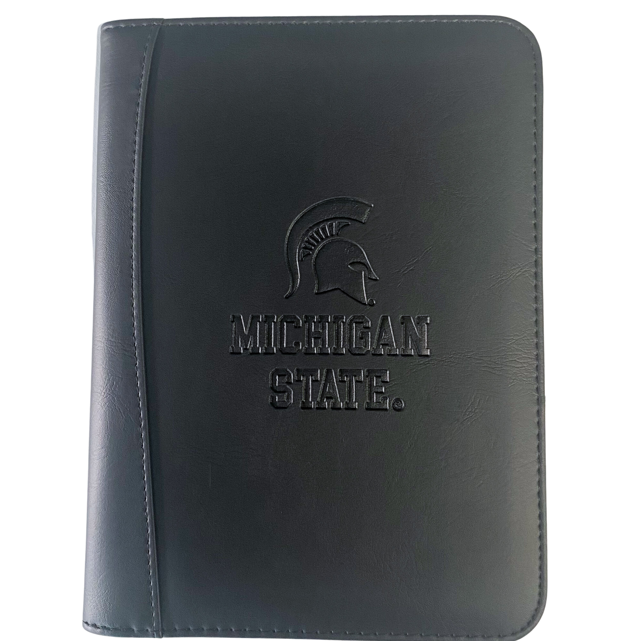 Black padfolio with stitching around edges and a debossed Spartan helmet with Michigan State in block letters underneath.