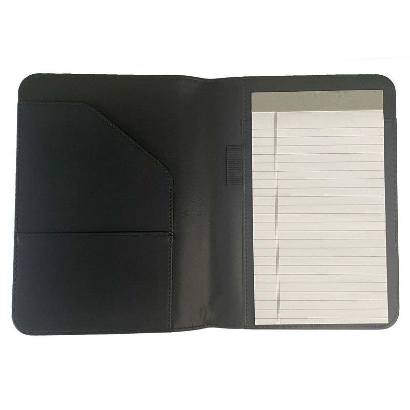 Open black portfolio with a double pocket on the left and a pad of lined paper on the right.