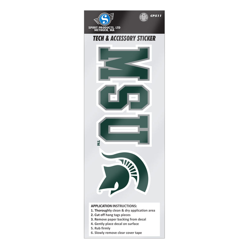 A packaged sticker that reads "MSU" in dark green, collegiate block letters with a gray outline and a white outline outside it. At the end of the sticker is a Spartan helmet in dark green with a white outline. At the bottom of the packaging is a list of application instructions.