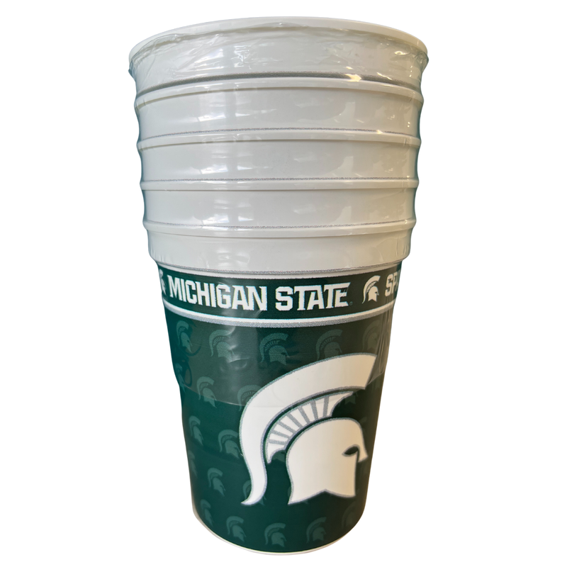 Five-pack of plastic 16 oz. cups, featuring a wraparound design that includes a large white Spartan helmet in the center with a dark green background with faded green Spartan helmet pattern. Around rim it reads Michigan State Spartans.
