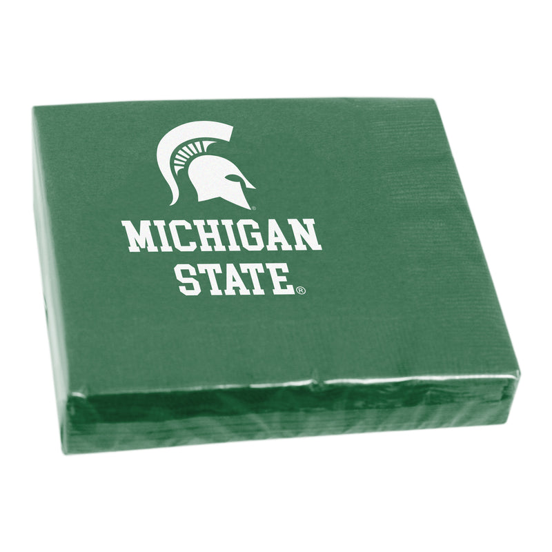 Plastic wrapped pack of 25 green luncheon napkins with a Spartan helmet in white and Michigan state in white underneath.