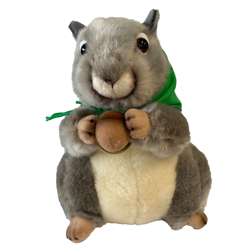 Gray plush squirrel holding and acorn and wearing a green Michigan State bandana.