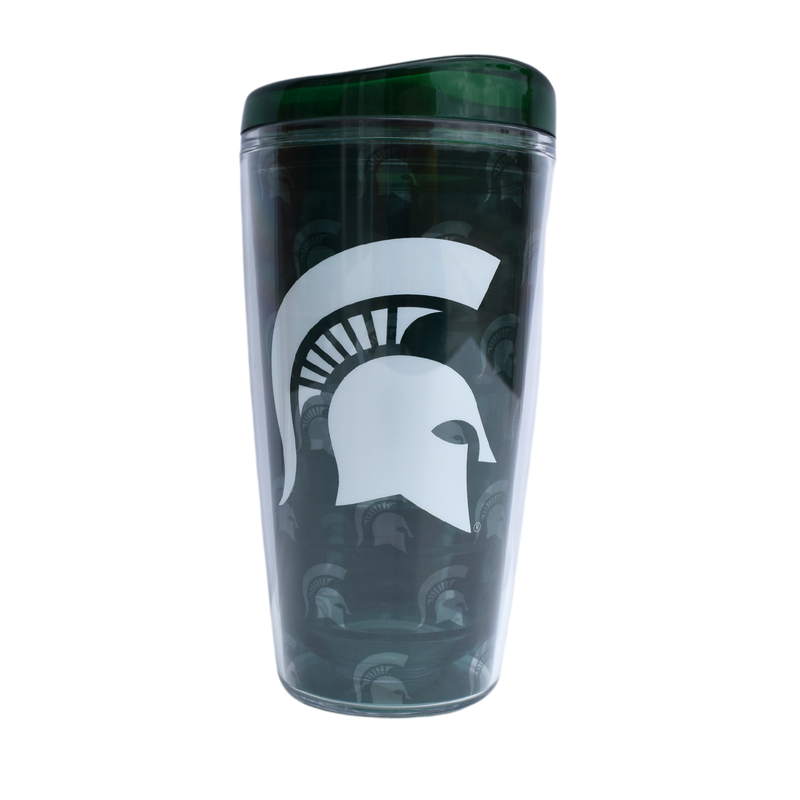Clear travel tumbler with a large white Spartan helmet printed on one side. An inner layer is dark green with clear Spartan helmets. The lid is a matching dark green.