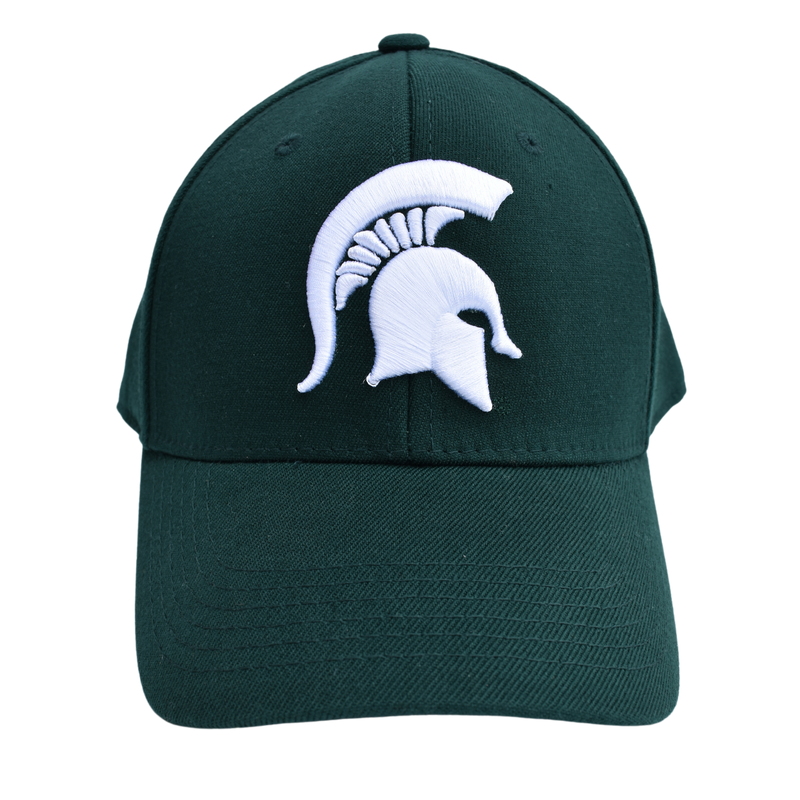 Front of a green baseball cap embroidered with a large white Spartan helmet
