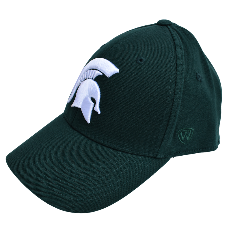 Three-quarters front view of a green baseball cap. An embroidered Spartan helmet centered on the front is partially visible. 
