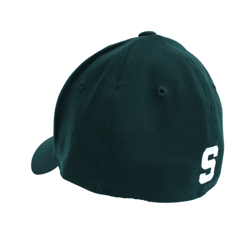 Three-quarters back view of a green baseball cap. A white block S is embroidered on the back.