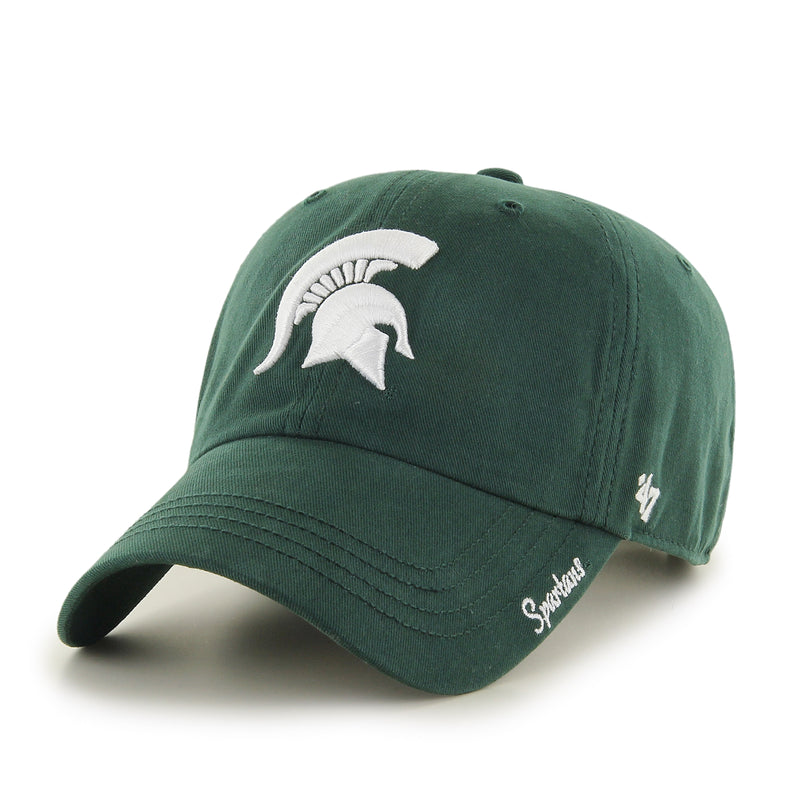 Unstructured green baseball cap with curved bill with white embroidered Spartans script on the side, embroidered with a large Sparty Helmet image, with adjustable fabric closure.